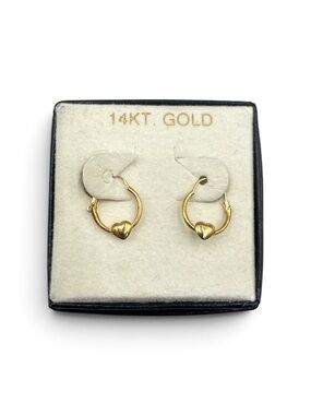 Vintage NOS 14K Gold Petite Puff Heart Hoop Earrings Minimalist Tiny Hoops